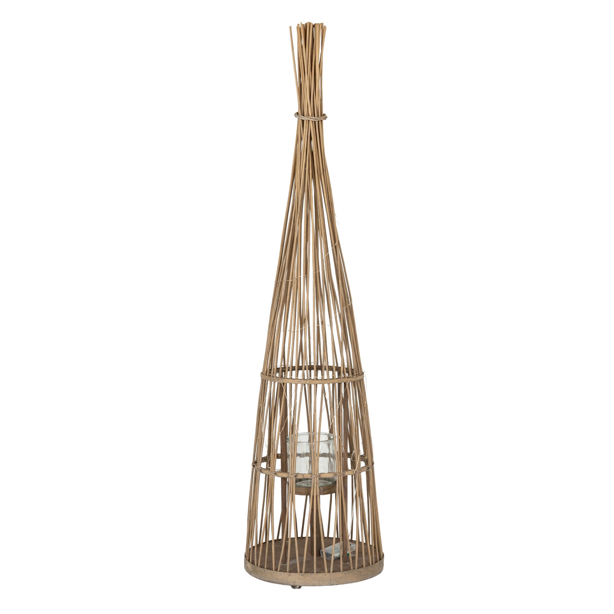 Large Conical Wicker Lantern With Glass Holder & LED Lights