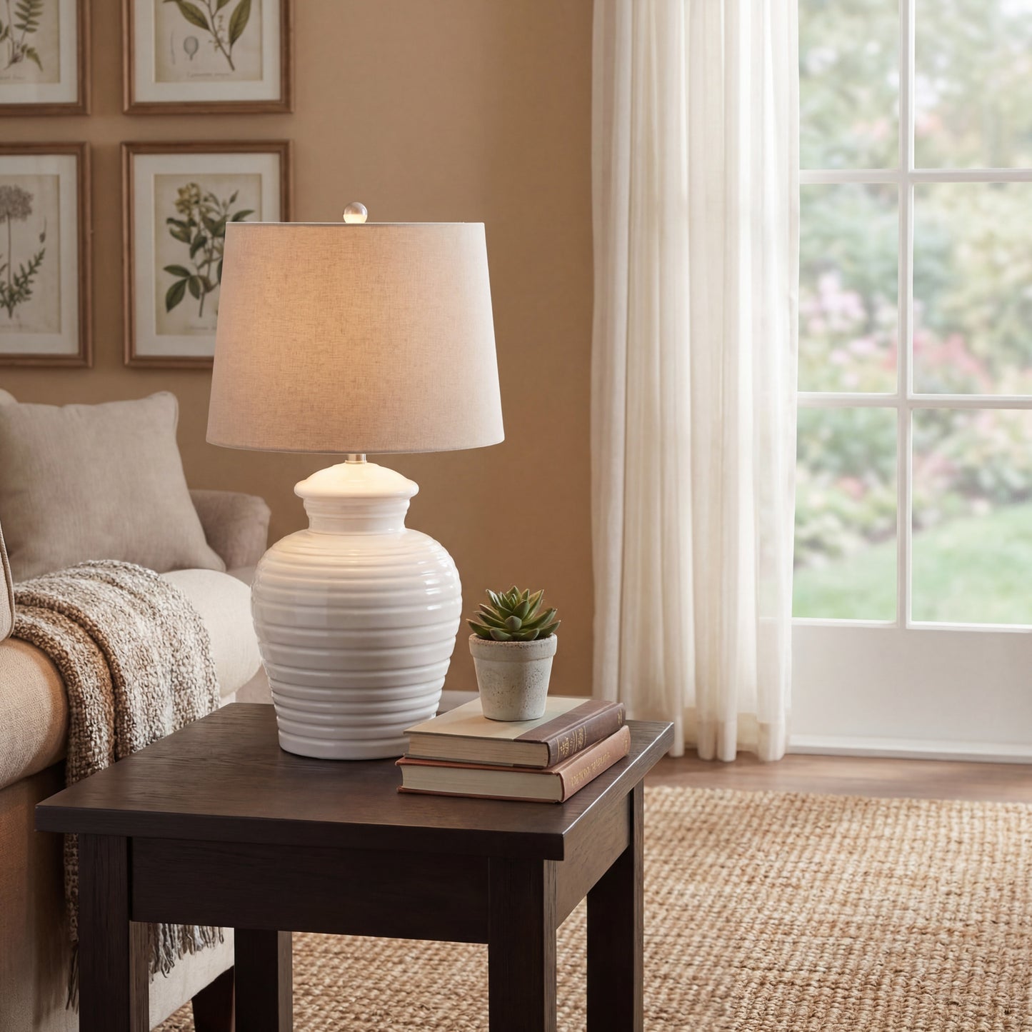 White Ceramic Pot Lamp With Linen Shade